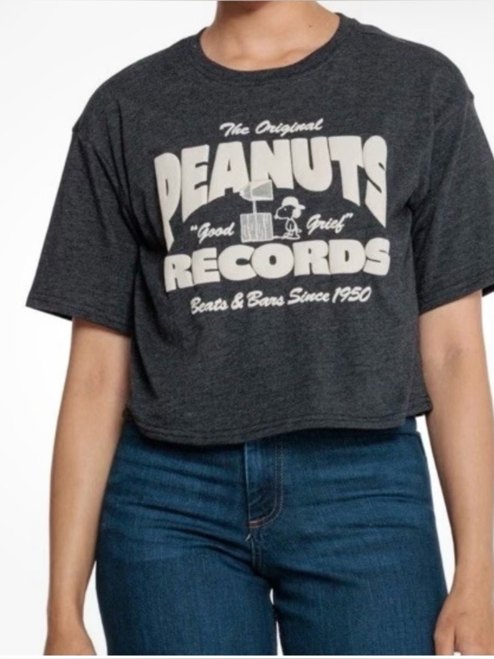 Peanuts Records Snoopy Juniors Dark Gray Heather Crop T-Shirt Size XL